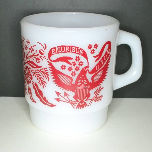 Vintage Anchor Hocking Fire King Milk Glass Mug American Eagle E Pluribus Unam - Picture 1 of 8